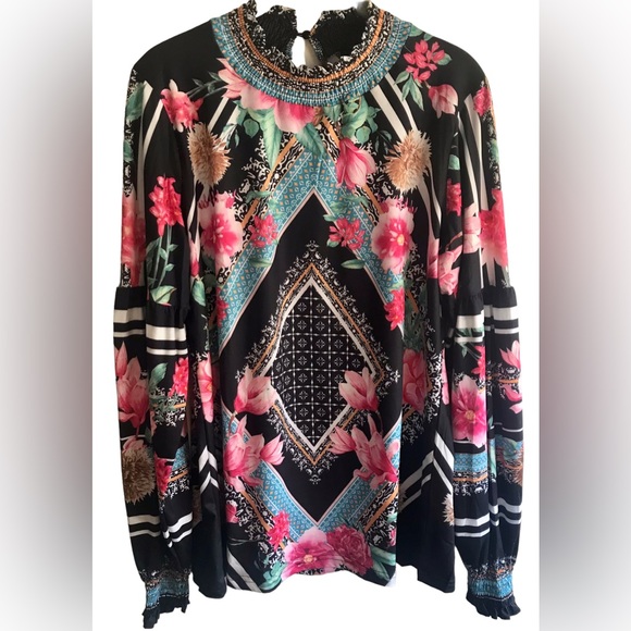 LADMOUS POLY SPANDEX BLEND FLORAL LONG SLEEVE BLOUSE - Picture 1 of 7